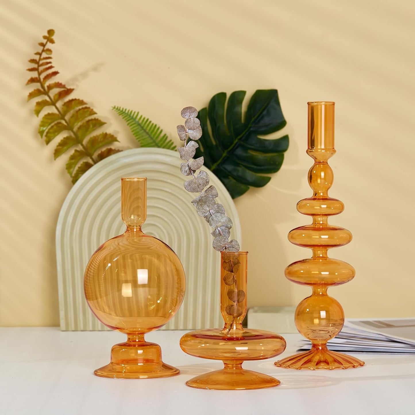 Rtteri 3 Pcs Glass Candlestick(Sunset Chevron Orange)