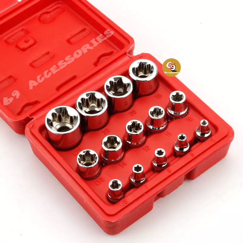 14 Pieces Female E-Torx Star Socket Set ,1/4" 3/8" 1/2" Drive Inverted E-Torx Star Bit,E4-E24 Female External Torque Socket Set
