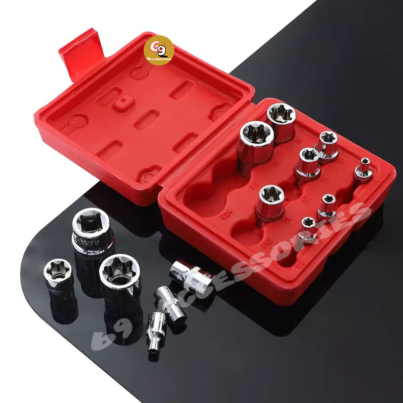 14 Pieces Female E-Torx Star Socket Set ,1/4" 3/8" 1/2" Drive Inverted E-Torx Star Bit,E4-E24 Female External Torque Socket Set
