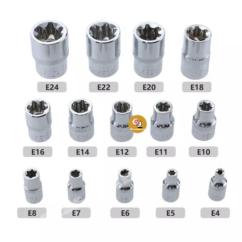 14 Pieces Female E-Torx Star Socket Set ,1/4" 3/8" 1/2" Drive Inverted E-Torx Star Bit,E4-E24 Female External Torque Socket Set