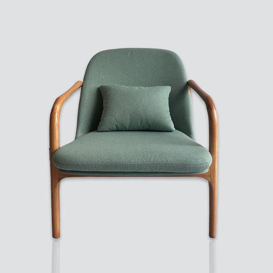Wooden armchair in light green fabric