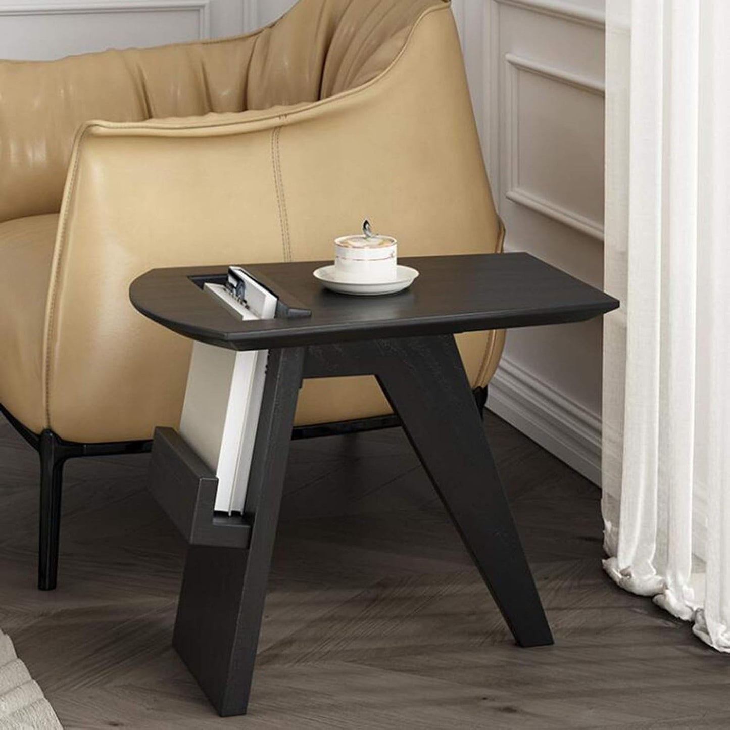 Black side table with magazine rack