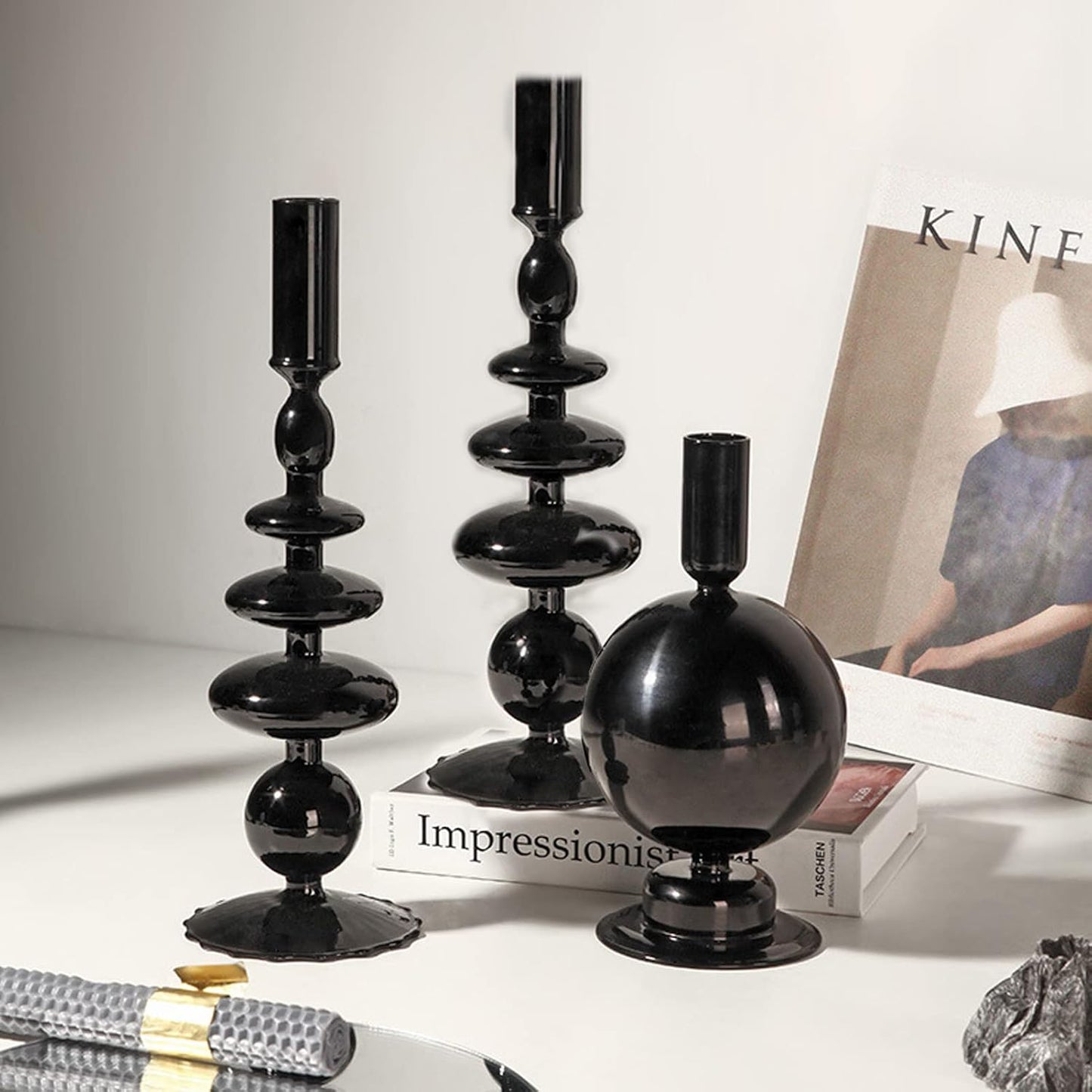 Rtteri 3 Pcs Glass Candlestick(black)